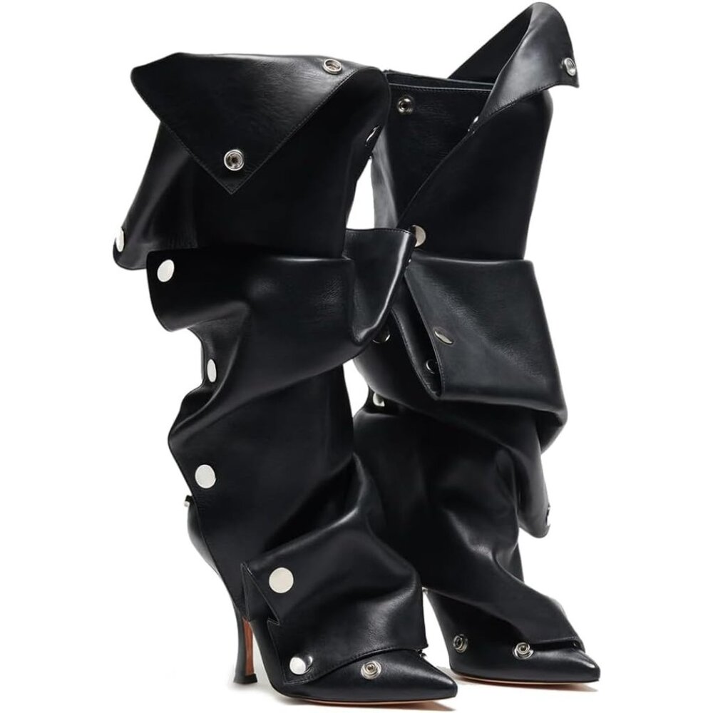 ⚡Women's Black Knee High Boots Stiletto Boots Pointed Toe High Heels Wide Calf - Picture 1 of 6